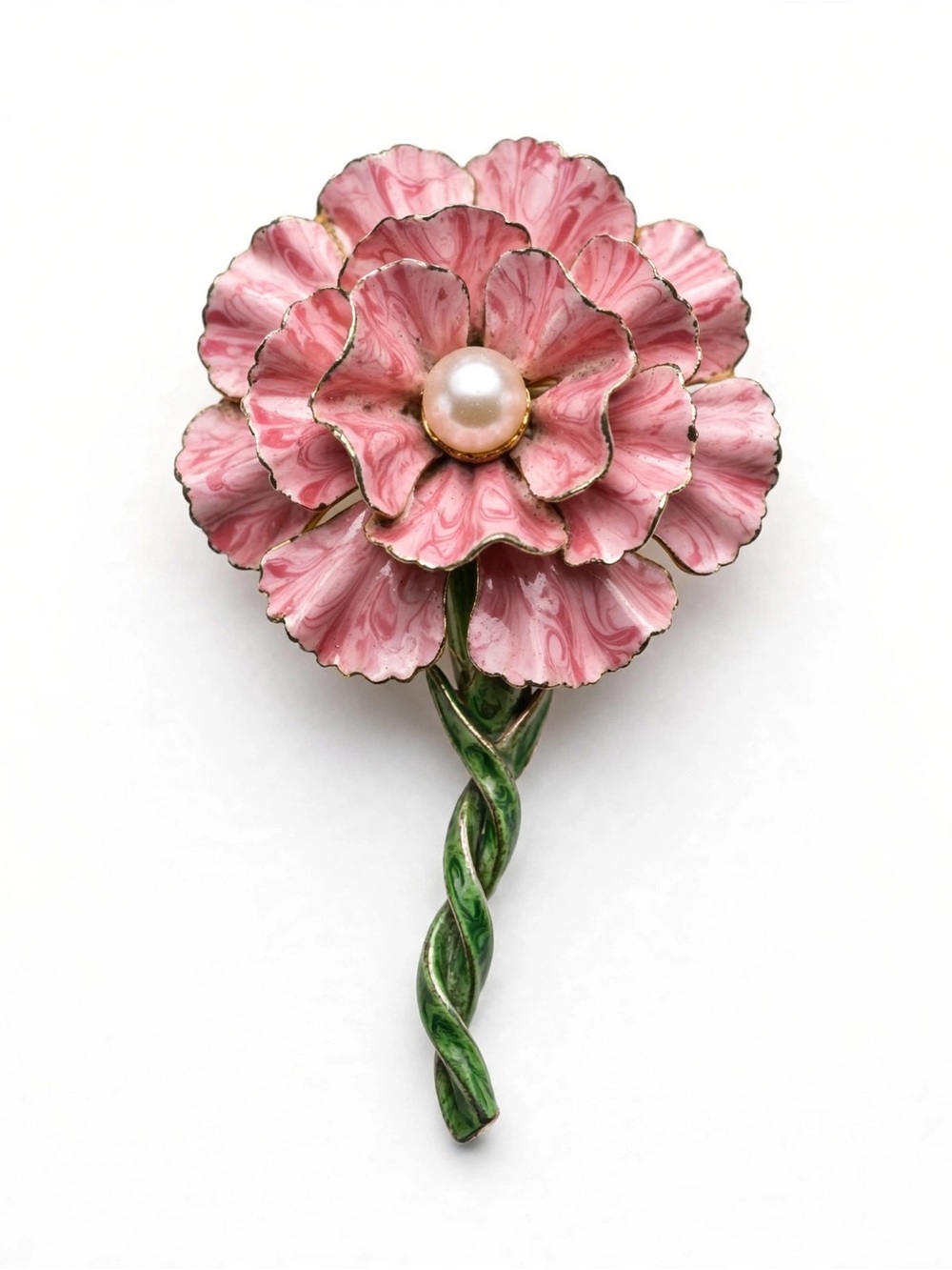 Vtg. Hattie Carnegie Pink Carnation Brooch 22g 3” Faux Pearl Worn Carnegie Mark
